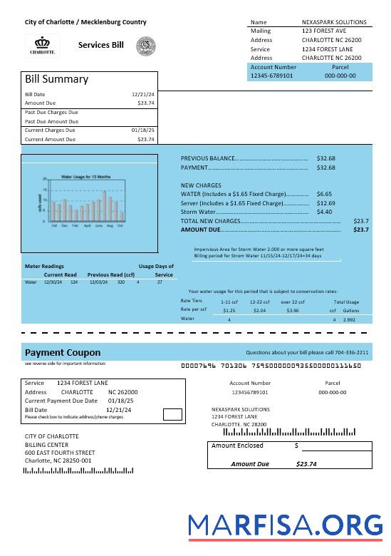 Printable USA North Carolina City of Charlotte water business utility bill template in Word and PDF formats